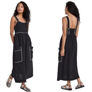 Kerri Rosenthal Emma Maxi Dress black S small Gauze smocked pockets apron